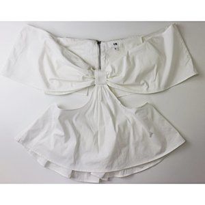 LPA Bow Off Shoulder Smocked Cutout Crop Top White